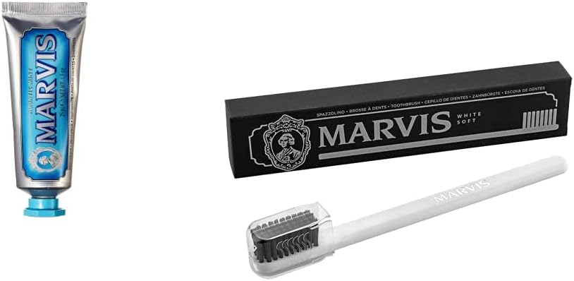Marvis Aquatic Mint Toothpaste travel kit and soft toothbrush front view premium imported dental care set