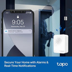 Tapo contact sensor setup diagram illustrating easy magnetic alignment on residential door frame