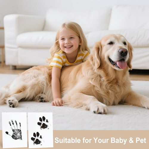 Side by side comparison of a baby handprint and a puppy paw print keepsake card.