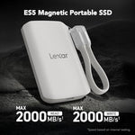 Lexar ES5 portable solid state drive attached to the back of an iPhone via MagSafe connection.