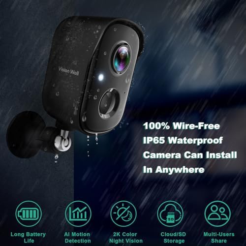 Vision Well battery powered surveillance camera mounted on an outdoor brick wall demonstrating wire free installation
