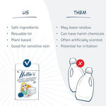 Back label of Nellie's Oxygen Brightener showing septic safe and chlorine free certifications