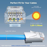 Cable Matters network modular plugs showing uninsulated wires passing completely through the front openings prior to crimping.