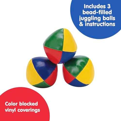 Three piece Schylling colorful toss and catch balls resting on a flat surface demonstrating the non roll bead filling feature