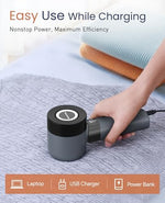 LED screen on BEAUTURAL lint remover displaying battery percentage and speed mode.