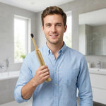 Natural bamboo toothbrush heads for electric brushes in a bathroom setting