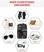 KEMIMOTO motorcycle trunk storage bag showing multiple zippered mesh pockets filled with travel gear