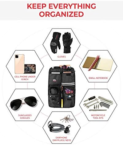 KEMIMOTO motorcycle trunk storage bag showing multiple zippered mesh pockets filled with travel gear