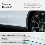Close up view of Tesla Model Y rear wheel fender with Spigen transparent protective film applied invisibly.