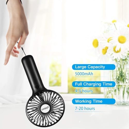 Side profile of the Miady personal desk fan standing upright on its stable base plate