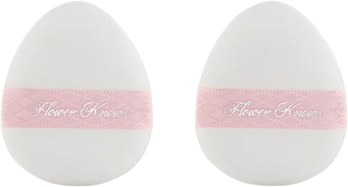 Flower Knows Little Angel Mini Powder Puff front view featuring pink satin ribbon