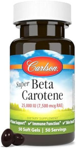Authentic Carlson Laboratories Super Beta Carotene amber glass bottle seal packaging details.