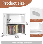Side profile of the space saving double layer desktop storage shelf filled with fifty eight CDs