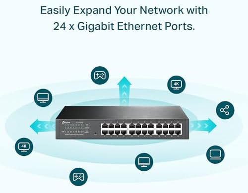 TP-Link 24-port easy smart managed ethernet switch angled view with sturdy metal housing.