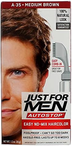 Back label of Just For Men AutoStop Medium Brown displaying instructions and safety warnings