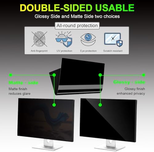 Widescreen 16 to 9 ratio computer privacy film kit including cleaning cloth and adhesive strips.
