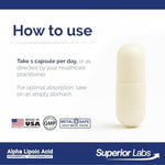Superior Labs Alpha Lipoic Acid bottle side view showing pure non-GMO formula