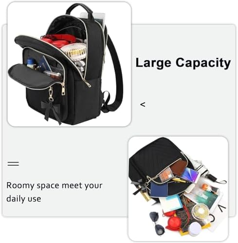 Stylish black shoulder bag showing open main compartment with tablet sleeve