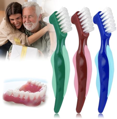 Double headed dental appliance cleaning brush with secure grip texture for seniors