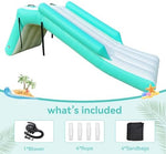 Inflatable water slide attached to a pontoon boat in a lake