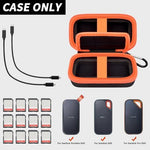 COMECASE dual portable SSD travel bag opened flat showcasing internal elastic bands holding two solid state drives securely
