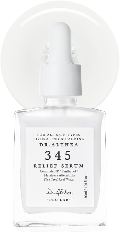 Dr Althea 345 Relief Serum front view clear glass bottle with dropper cap