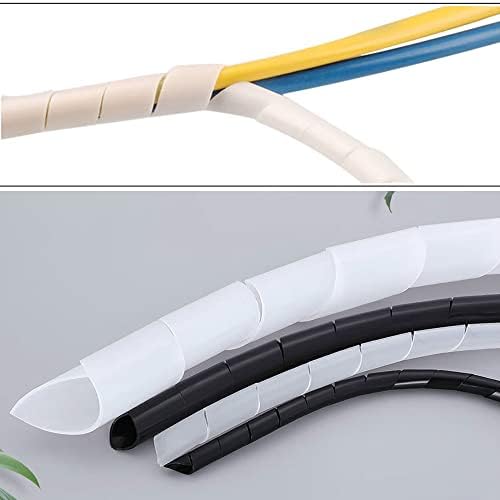 Before and after comparison of messy entertainment center wires organized inside the black sleeve.