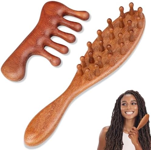 Dexspoeny 2 Pack Loc Comb for Sisterlocks, Wooden Scalp Massager for Dreadlocks, Sandalwood Wide Tooth Hair Comb for Microlocs, Natural Gua Sha Head Massage Tool for Hair Growth Relaxation Stress - Image 2