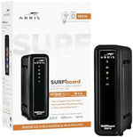 ARRIS Surfboard SBG10 retail packaging detailing internet speed plan compatibility.