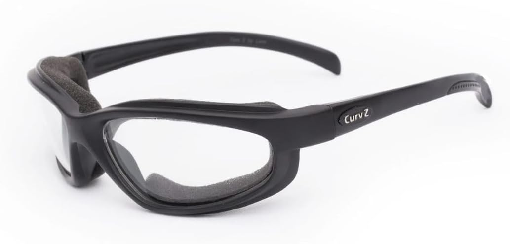 CurvZ 02-02 clear lens night rider motorcycle sunglasses front view showcasing the glossy black frame and clear shatterproof lenses.
