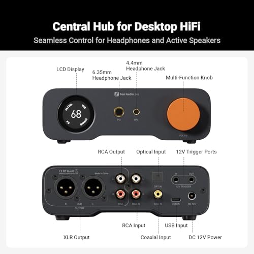 Fosi Audio ZH3 compact audio preamplifier shown alongside its included wireless remote control for desktop media setups.