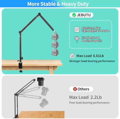 Jebutu multi functional streaming setup displaying microphone and video light attached to the modular desktop stand poles.