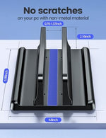 Space saving vertical laptop holder holding a MacBook and smartphone