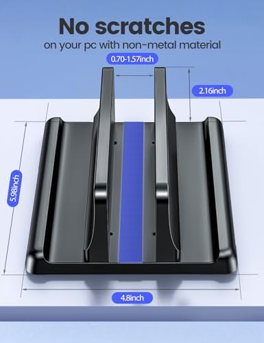 Space saving vertical laptop holder holding a MacBook and smartphone