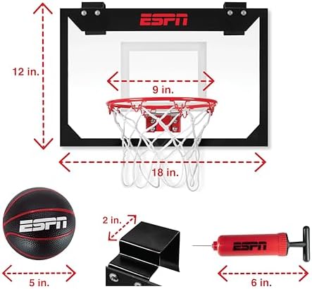 Two mini basketballs and inflation pump included with ESPN hoop