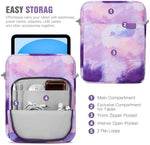 Waterproof tablet sleeve bag showing water droplets repelling off the purple exterior fabric