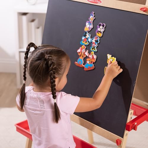 Montessori inspired screen free toddler activity featuring durable Mickey and friends wooden refrigerator magnets