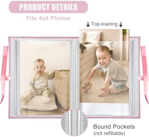 Open pages of the pink slip-in photo album displaying vertical top loader layout