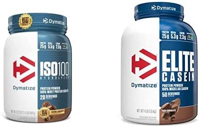 Dymatize ISO100 and Elite Casein protein powder jars front view