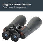Celestron 25x70 water resistant binoculars displayed with the protective nylon carrying case.