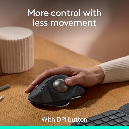 Logitech ergonomic wireless mouse tilted at a twenty degree angle on a clean desk workspace.