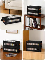 Premium dust resistant media boxes showing exact dimensions for shelf placement