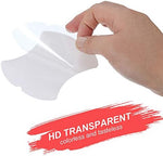 Step by step installation guide showing a squeegee removing air bubbles from a clear car door bowl sticker