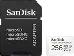 SanDisk 256GB high endurance memory card showing V30 and U3 speed class logos
