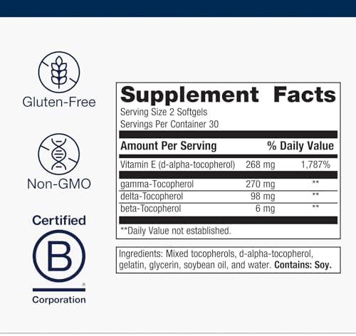 Authentic Metagenics Vitamin E complex bottle standing upright against a clean lifestyle background.