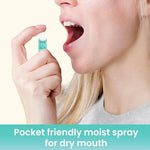 Close up of the alcohol free pH balanced dry mouth spray bottles in peach and bubble gum options highlighting the travel friendly design.