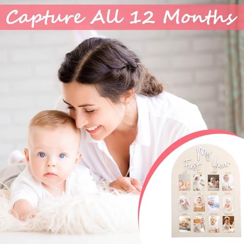 Gender-neutral baby photo collage board showcasing monthly growth tracking.