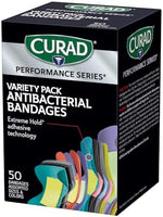 Curad fifty count assorted fabric bandages packaging detailing standard extra large finger and knuckle sizes