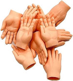 Ten pack of miniature flexible rubber hands spread out on a plain background