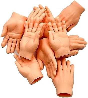 Ten pack of miniature flexible rubber hands spread out on a plain background